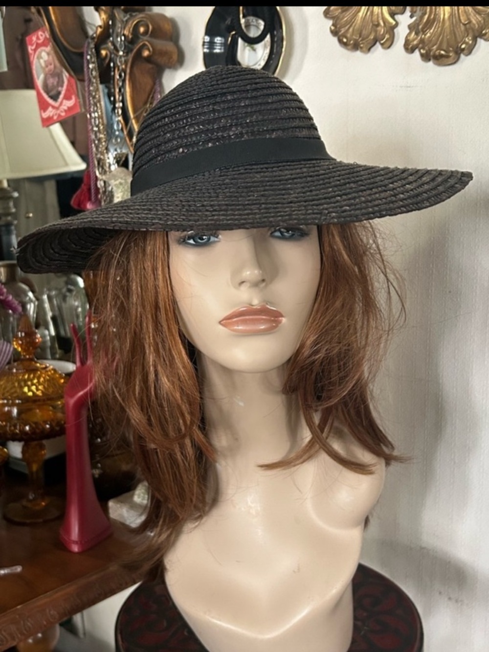 Vintage Black/Brown Straw Wide Brim Derby Hat - Picture 3 of 16